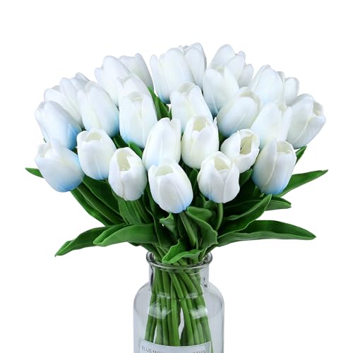 SITUMEIZI 15pcs Fake Tulips Artificial Flowers Real Touch 14" PU Flower for Home Kitchen Decor Spring Easter Wedding Bouquet Decorations Office Floral Arrangements(Blue on White) - color: Blue Base