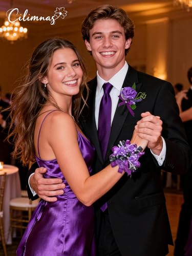 Prom Corsage and Boutonniere Set Purple,Artificial Silk Rose Wrist Corsage for Homecoming, Formal Dance Party, Wedding,Graduation,Anniversary - color: Purple