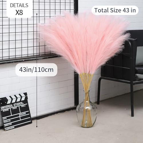 43" Pink Pampas Grass Decor - 8pc Tall Faux Fluffy Pampas Grass for Wedding, Boho, Home, Baby Shower, Mother's Day Decor - color: Light Pink
