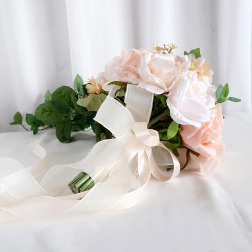 9.8 Inch Cascading Bridal Bouquet Waterfall Cascade Wedding Bouquet Bride with Artificial Rose Flower Rustic Boho Wedding Ceremony Bouquet Light Peach Pink and Champagne - color: Light Peach & Champagne