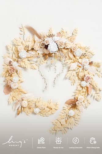 Ling's Moment 9FT Flower Garland for Backdrop Decorations - Wedding Arch Flowers, Eucalyptus & Rose, Artificial Floral Garland for Mantel - Sweetheart Table Decor for Ceremony Reception, White & Beige - color: Wht-white & Beige