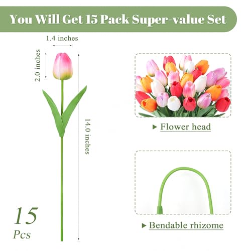 SITUMEIZI Fake Flowers Tulips Artificial PU Flower 15pcs Real Touch 14" for Spring Easter Home Kitchen Wedding Bouquet Bulk Mother's Gift Day Decorations(Multicolor,5-3) - color: Sunset Red,rose Red#,red,light Purple,white