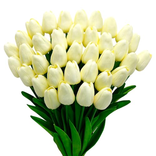 36 Pcs Tulips Artificial Flowers, 13 Inches Real Touch PU Fake Tulips for Wedding Bouquets, Home Decor - color: Creamy White