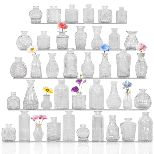 Set of 40 Glass Bud Vases, Small Clear Glass Vases in Bulk, Mini Vintage Embossed Flower Vase for Wedding, Centerpieces, Birthday Party, Home Table Decorations, Baby Shower (Clear) - color: Clear