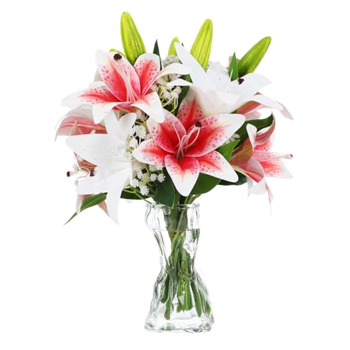 Janinka 12pcs Artificial Lily Flowers 12 Heads White and Pink Faux Tiger Lilies Flowers with Fake Baby Breath Artificial Gypsophila for Spring Home Church Wedding Decoration