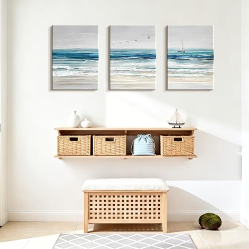 WENGTIAO Abstract Ocean Wall Art Set of 3 Blue Beach Canvas Paintings Minimalist Coastal Prints Pictures Sail Boat Home Decor Seascape Artwork for Living Room Bedroom Hallway 12”x16”x3Pcs - color: Abstract Blue Ocean, size: 12"x16"x3Pcs