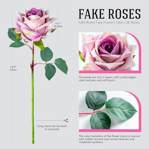 Ttranewsoo Fake Roses Faux Flowers Silk Roses Artificial Roses with Stems Realistic Artificial Flowers 24PCS Suitable for Indoor Home Decoration DIY Bouquet Wedding Decor Party Decor (Purple) 16.5In - color: Purple 24pcs