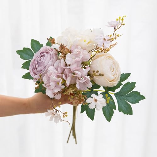 Dining Table Centerpiece Decor - Pre-Made Artificial Flower Arrangement Fake Floral with Wooden Vase for Farmhouse Kitchen Bathroom Living Room Decorations (Purple-White) - color: Purple-white