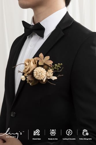 Ling's moment Pocket Boutonniere Single, Boutonniere for Men Groom for Wedding, Prom, Homecoming, Anniversary, Graduation, etc.Sand Beige Gold Sparrow - color: Brn-sand Beige & Gold Sparrow, size: 6" W x 5" H
