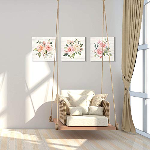 Hardy Gallery Pink Floral Canvas Wall Art: Roses Flowers Bouquet Pictures Artwork for Kitchen Bathrooms (12"x12"x3pcs) - color: Roses Bouquet, size: 12'' x 12'' x 3 Panels