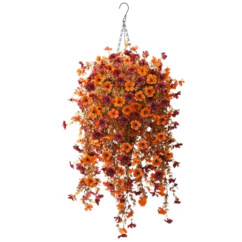 Homsunny Fall Artificial Fake Mums Hanging Flowers Plants Basket for Outdoor Decoration,Faux Silk Daisy planters UV Resistant Look Real for Home Porch Patio Balcony Yard Autumn Decor (Orange Brown) - color: Orange Brown