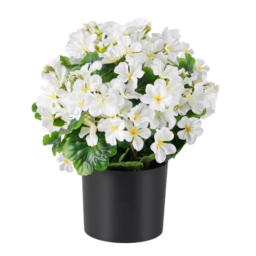 Artificial Geranium Flowers in Pot for Outdoors Fake Plants 14 Inch Faux Flowers Spring Summer Decoration for Home Front Door Garden Planter Patio Balcony Yard Indoor Outdoor White - color: White