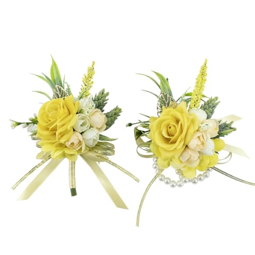 2 Pcs Wrist Corsage and Boutonniere Set, Yellow Corsage for Wedding, Boutonniere for Men Artificial Rose Flower Wristlet Bracelet Prom Ceremony Anniversary Accessories Decor Suit - color: Yellow