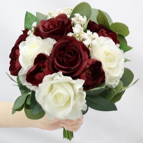 11 Inch Burgundy & White Silk Rose & Peony Bridesmaid Bouquet - Elegant Formal Wedding Decoration - color: Burgundy & White