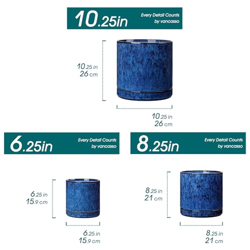 vancasso Ceramic Planters, Plant Pots for Indoor Plants, 6.25+8.25+10.25 Inch Ceramic Pots for Plants, Flower Pots with Drainage Holes (Blue, 6.25+8.25+10.25 Inch) - color: Blue, size: 6.25 + 8.25 + 10.25 Inch