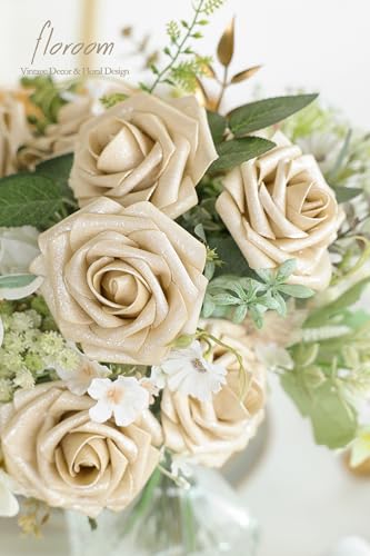 Floroom Artificial Flowers 25pcs Real Looking Champagne Gold Foam Fake Roses with Stems for DIY Wedding Bouquets Bridal Shower Centerpieces Floral Arrangements Party Tables Home Decorations - color: Champagne Gold Rose, size: 25Pcs
