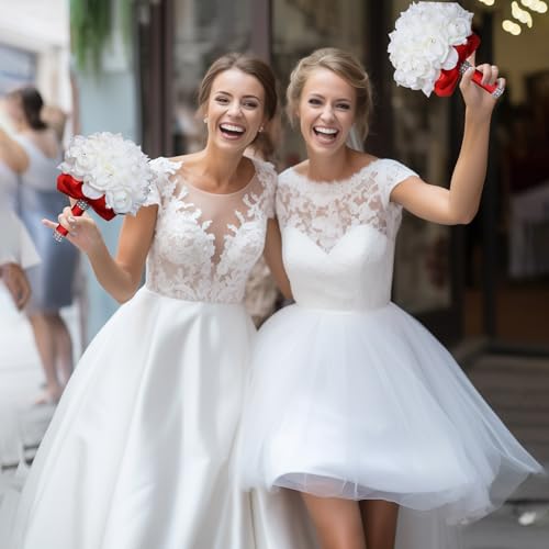 Wedding Bouquets for Bride, Bridal Flowers for Wedding, Bride Bridesmaid Hand Flowers Bridal Bouquet Crystal Diamond Silk Roses, Artificial Flowers Bouquet for Church Wedding Party (Red) - color: Red