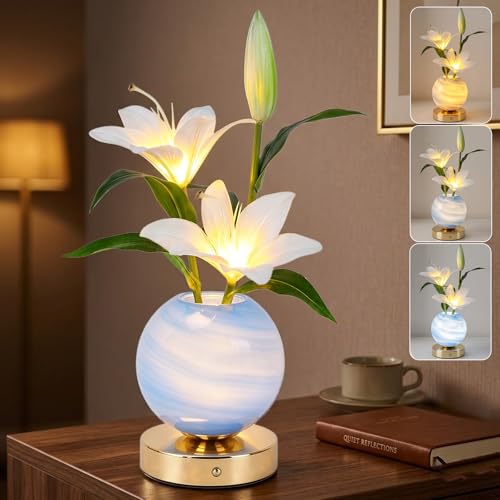 Lily Table Lamp, 3 Color Planet Night Light, Rechargeable Cordless Touch Dimming Artificial Flower Light, LED Flower Bedside Lamp Romantic Gifts for Girl Women Mom (White Lily) - color: White Lily