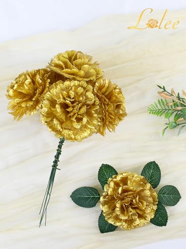 LELEE 108pcs Carnation Head Flowers with Stem - Gold Artificial Flowers Carnations Bulk - 3.5" Silk Carnation Fake Flower for Wedding Bouquet Baby Shower Centerpieces Grad Party Cemetery Grave Decor - color: Gold