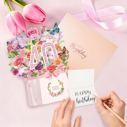 40th Birthday Cards, Light and Music 40 Years Old Happy Birthday Card, Rose Lily Orchid and Butterflies, 10 Inch Forever Flower Bouquet 3D Pop Up 1986 Birthday Gift Card for Women Wife Mom Daughter Sister - size: 1986-40th