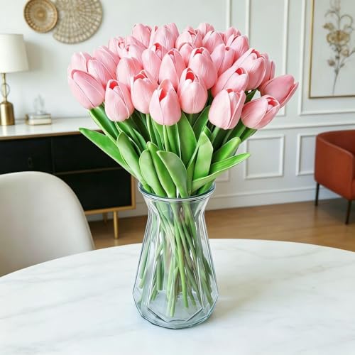 Artificial Tulips 20Pcs Real Touch Fake Tulips PU Flower Arrangement Bouquets for Home Party Decoration Holiday (Pink) - color: Pink 20pcs