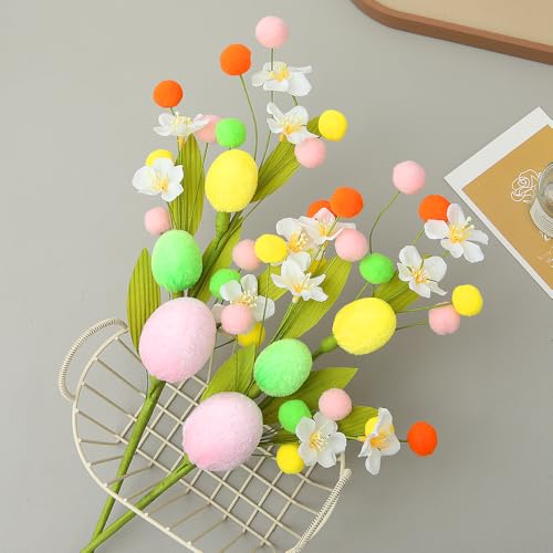 4PCS Artificial Easter Flowers, Easter Party Colorful Velvet Egg and Berries Picks Decorations, Spring Flower with Stems Egg Branches for Party Vase Centerpiece Decor (White Flower) - color: White Flower