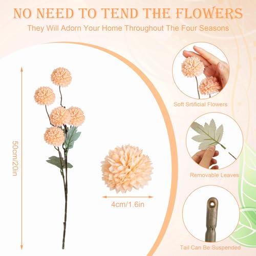 INQCMY Artificial Flowers 12 Pcs Fake Chrysanthemums Faux Kiku Flower Long Stem 20" Realistic Silk Pompon Mums for Vase Wedding Bouquets Centerpieces Home Decor (Light Orange) - color: Light Orange