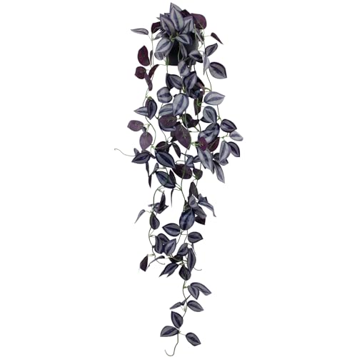LOYWREE Small Fake Hanging Purple Eyebrow Leaf Plant Artificial Potted Plants Indoor 39-in Long Faux Dark Black Vine Plant with Pot for Shelf Home Office and Outdoor Garden Decor (Black Pot) - color: Eyebrow, size: 1Pack