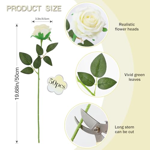 50PCS Artificial Silk Roses Flowers – Realistic Fake Roses in Bulk & Bouquet Long Stem White Rose for Wedding Centerpieces, Home Decor, Floral Arrangements, Party Decoration (White) - color: White, size: 50 Pcs