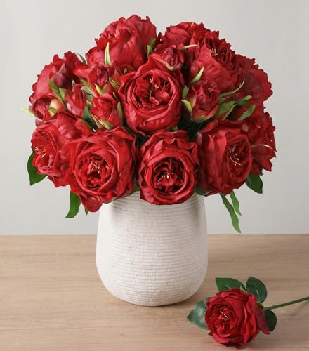 florisso Bright Red Austin Rose Faux Flowers - 13 Branches Silk Austin Roses for Wedding Floral, Table Decor & DIY Bouquets (Silk Faux Flowers) - color: Austin-red