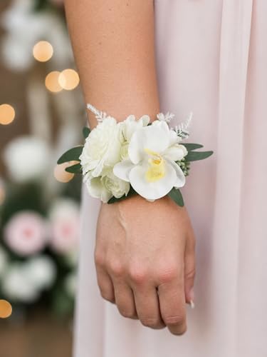 Rinlong 2Pcs White Orchid Wrist Corsage for Wedding, Prom, Homecoming | Bridesmaid Wristlet, Mother of the Bride Flower Corsage - color: 06-white Orchid