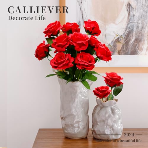 10 Pcs Red Rose Artificial Flower, Faux Silk Flowers With Long Stems, Fake Roses Bulk Bouquet for Decoration Valentine's Day Centerpieces Proposal Bridal Bouquets Shower Party Home Floral Decor - color: Red