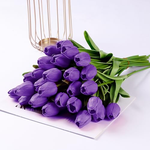 Sggvecsy 15 Pcs Fake Tulips Artificial Flowers Real Touch PU Faux Flowers Tulip Stems for Wedding Spring Bouquet Floral Arrangement Home Party Office Decorations for Mother's Day (Purple) - color: Purple, size: 15 Pcs