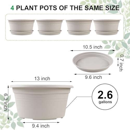 Large 4 Pack 13 inch Plant Pots, Round Plastic Pots for Plants, Outdoor Planters with Drainage Hole & Tray Saucer, Decoration Large Flower Pots for Indoor Outdoor Garden Home Plants (Gray White) - color: Gray White, size: 13 Inch - 4Pack
