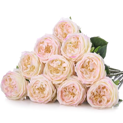 Daifunli 10pcs Real Lifelike Peonies Artificial Flowers, Faux Austin Rose with Long Stem Look Real Fake Flower for Christmas Valentines Arrangement Wedding Party Home Kitchen Decor(Flesh Pink) - color: Flesh Pink