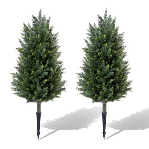 Set of 2 Artificial Cedar Topiary Christmas Trees, 3FT UV-Resistant Faux Cypress Shrubs with Ground Spikes — Tall Evergreen Decorative Plants for Outdoor and Indoor Porch, Patio, and Garden - color: 2pcs 3ft Cypress Tree