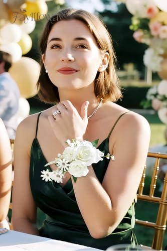 White Rose Boutonniere and Wrist Corsages for Wedding(Set of 2)，Prom Corsage for Bridesmaid Mother Grandmother, Artificial Flowers for Homecoming Party Anniversary Graduation Decor - color: Bright White, size: 1 Corsage & 1 Boutonniere