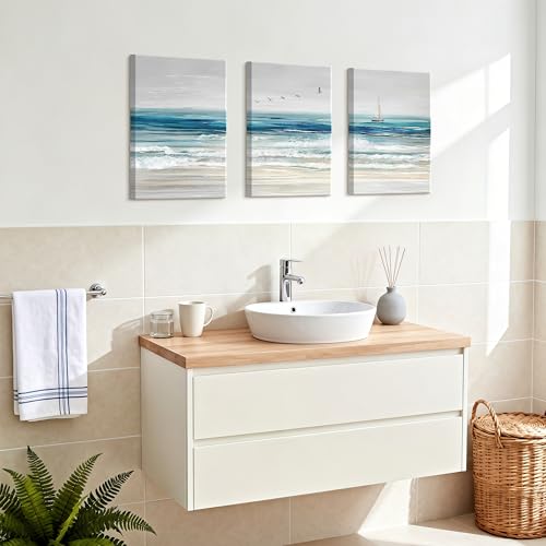 WENGTIAO Abstract Ocean Wall Art Set of 3 Blue Beach Canvas Paintings Minimalist Coastal Prints Pictures Sail Boat Home Decor Seascape Artwork for Living Room Bedroom Hallway 12”x16”x3Pcs - color: Abstract Blue Ocean, size: 12"x16"x3Pcs