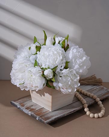 Artificial Hydrangea Flowers Arrangement in Wood Planter, 4PCS Fake Flowers in Wooden Vase Potted Floral Centerpieces for Tables Living Room Home Office Kitchen Decor (White Peony) - color: White Peony