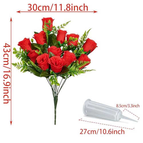 XONOR Artificial Cemetery Flowers, Set of 2 Artificial Rose Bouquet Grave Memorial Flowers with Vase for Cemetery Headstones Decoration (Red) - color: Red