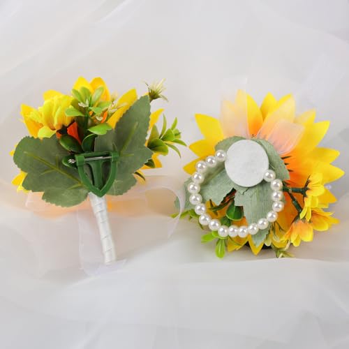 Alizeal 2Pcs of Wrist Corsage and Boutonniere Set, Artificial Flowers Accessories Suit Decor for Wedding Prom Party Homecoming Ceremony, Sunflower - color: 701-sunflower