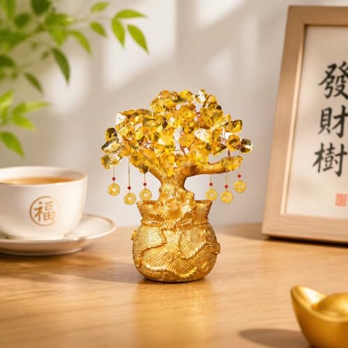 Artificial Citrine Money Tree Bonsai Feng Shui Crystal Tree for Home Office Decor, Lucky Indoor Ornament with Wealth Symbolism