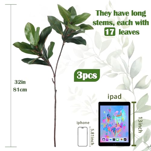 3 PCS 32" Faux Magnolia Stems Branches with 17 Leaves Artificial Greenery Long Stems Realistic Fake Banana Leaves Decorative Plants for Vase Kitchen Office Table Home Decor - color: 3pcs Magnolia Stems