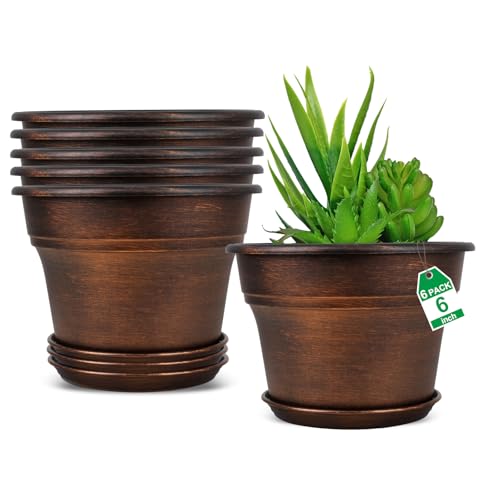 Plant Planters Pots Set of 6 Pack 6 Inch, Plastic Flower Pot For Indoor Plants With Drainage Holes & Trays, Resin Decorative Container Sets With Saucer For House Outdoor Garden Planters Dark Gold - color: Copper, size: 6 inch-6 pack