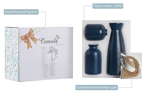 CEMABT Ceramic Blue Vases Set of 3 Small Flower Vases for Decor, Modern Rustic Farmhouse Home Decor, Decorative Vases for Pampas Grass,Idea Shelf,Table,Bookshelf,Entryway- Distressed Decor - color: 3set-blue