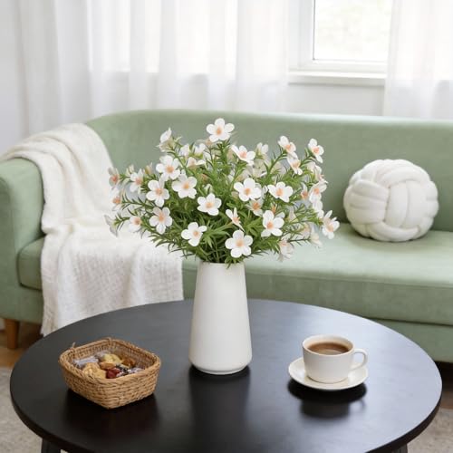 Artificial White Gypsophila Baby's Breath Flower Arrangement in Ceramic Vase – 6 Inch White Vase, Faux Cosmos Bouquet for Home Decor, Table Centerpiece, Office & Farmhouse Décor - color: White