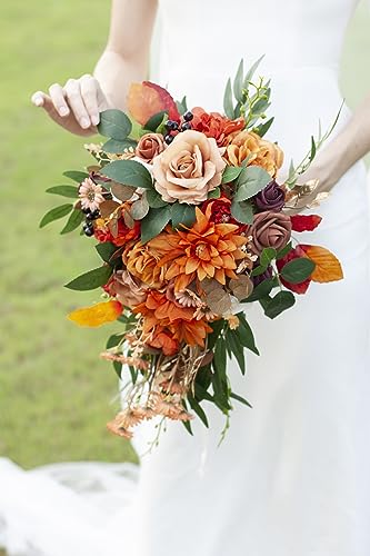 Ansofi 11" Burnt Orange Wedding Bouquets for Bride Rustic Boho Cascading Bridal Bouquet Flowers for Fall Vintage Wedding Party Ceremony Decor - color: Bridal Bouquet, size: 17.72 inches high, 11 inches in diameter