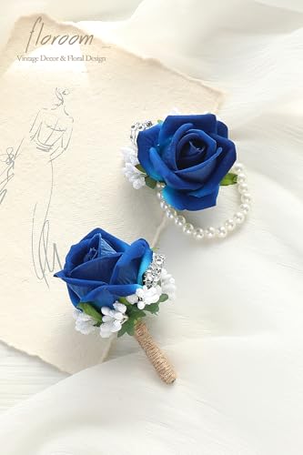 Floroom Royal Blue Rose Wrist Corsage Wristlet Band Bracelet and Men Boutonniere Set for Wedding Flower Accessories Prom Suit Decorations - color: Royal Blue