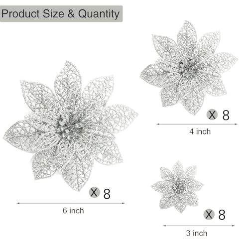 Wironlst 24 Pieces Glitter Poinsettia Flowers Christmas Tree Ornaments, Glitzy Poinsettia Bushes Christmas Decorations for Xmas/Holiday/Seasonal/Wedding (Silver) - color: Silver