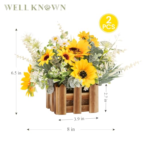 WELL KNOWN Artificial Sunflower Plants in Wooden Baskets, Faux Sunflower and Mini Wild Flowers Arrangement in Planter for Home Hotel Office Table Centerpieces & Gift (Set of 2) - color: Sunflowers